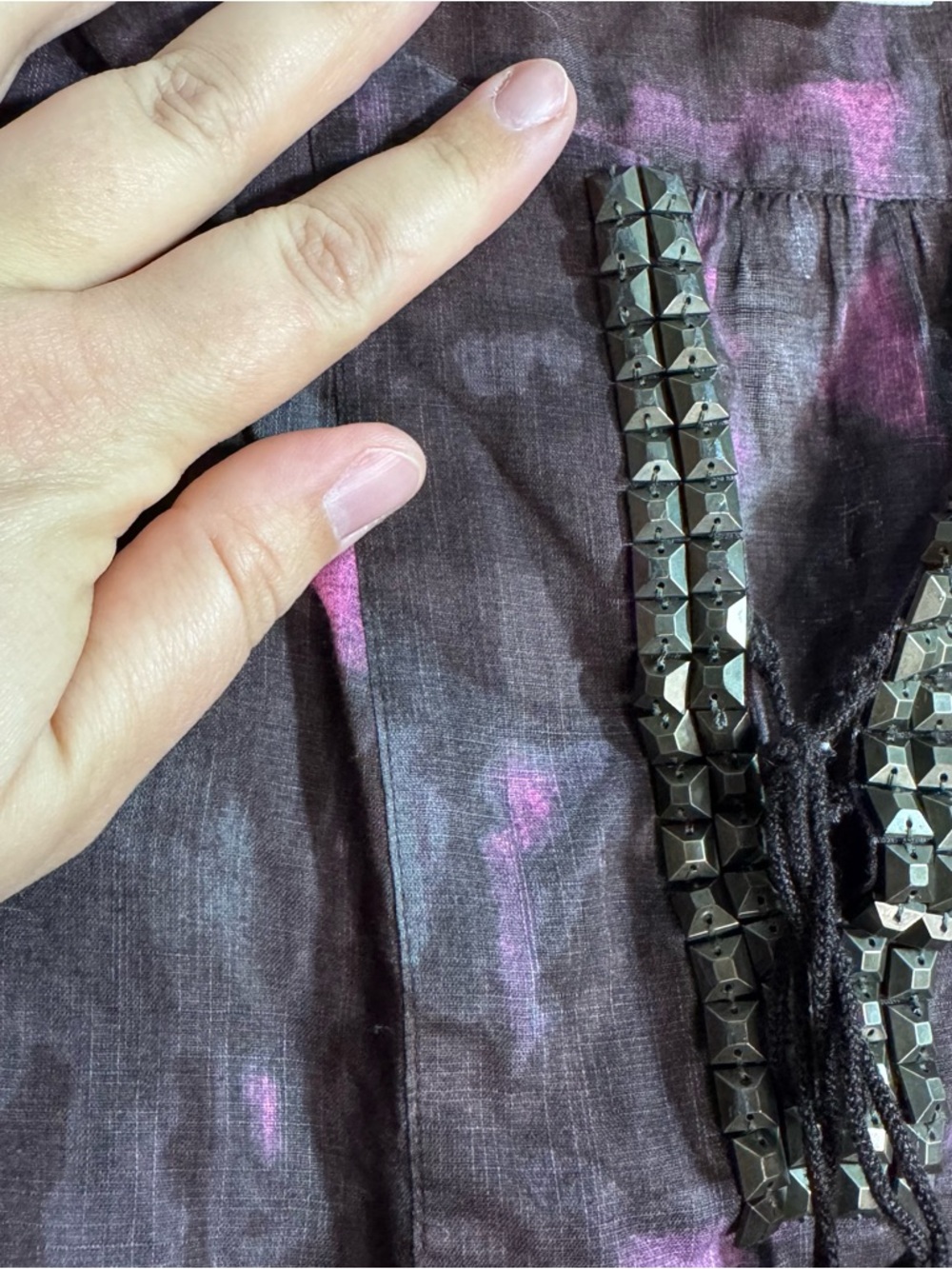 J.Crew Blouse Purple Pink Abstract Beaded Tassel Roll Tab Top - Picture 3 of 5